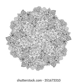 Round element for coloring book. Black and white floral pattern. Vector illustration.