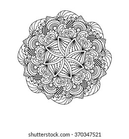 Round element for coloring book. Black and white ethnic henna pattern. Floral mandala.
