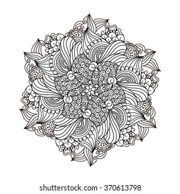 Round element for coloring book. Black and white floral pattern. Vector illustration.