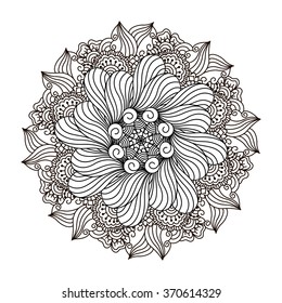 Round element for coloring book. Black and white floral pattern. Vector illustration.