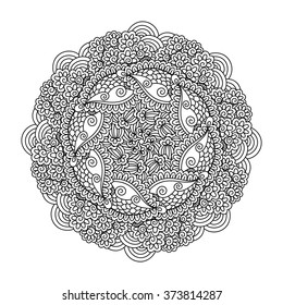 Round element for coloring book. Black and white ethnic henna pattern. Floral mandala.