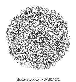 Round element for coloring book. Black and white ethnic henna pattern. Floral mandala.