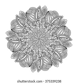 Round element for coloring book. Black and white floral pattern. Vector illustration.