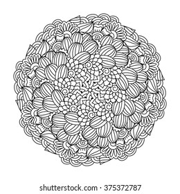 Round element for coloring book. Black and white floral pattern. Vector illustration.