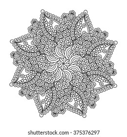 Round element for coloring book. Black and white floral pattern. Vector illustration.