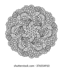 Round element for coloring book. Black and white ethnic henna pattern. Floral mandala.