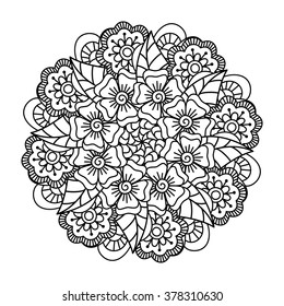 Round element for coloring book. Black and white ethnic henna pattern. Floral mandala.