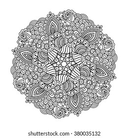 Round element for coloring book. Black and white floral pattern.