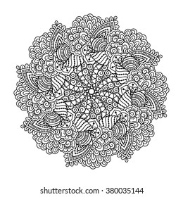 Round element for coloring book. Black and white floral pattern.