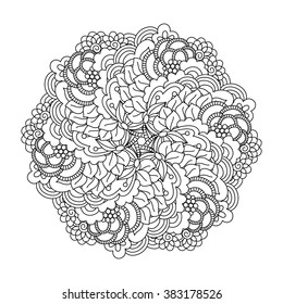 Round element for coloring book. Black and white floral pattern. Vector illustration.
