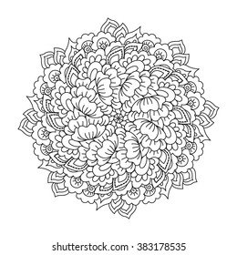 Round element for coloring book. Black and white floral pattern. Vector illustration.