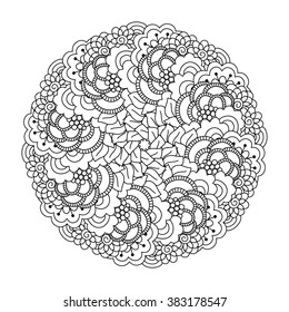 Round element for coloring book. Black and white floral pattern. Vector illustration.