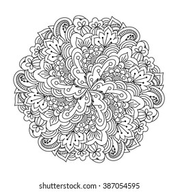 Round element for coloring book. Black and white floral pattern. Vector illustration.