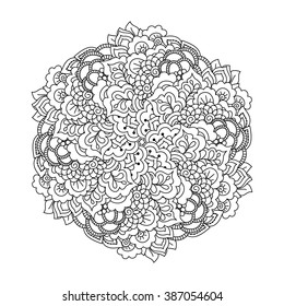 Round element for coloring book. Black and white floral pattern. Vector illustration.