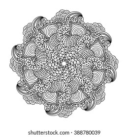 Round element for coloring book. Black and white floral pattern.