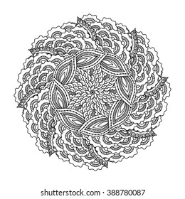 Round element for coloring book. Black and white floral pattern.