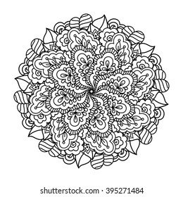 Round element for coloring book. Black and white ethnic henna pattern. Floral mandala.