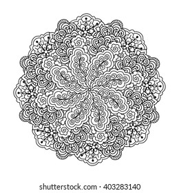 Round element for coloring book. Black and white floral pattern. Vector illustration.
