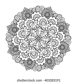Round element for coloring book. Black and white floral pattern. Vector illustration.
