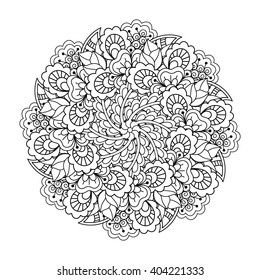 Round element for coloring book. Black and white floral pattern. Vector illustration.