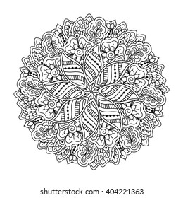 Round element for coloring book. Black and white floral pattern. Vector illustration.