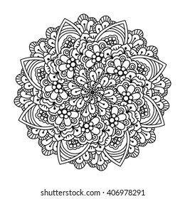 Round element for coloring book. Black and white floral pattern. Vector illustration.