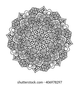 Round element for coloring book. Black and white floral pattern. Vector illustration.