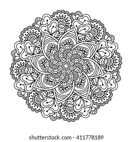 Round element for coloring book. Black and white ethnic henna pattern. Floral mandala.