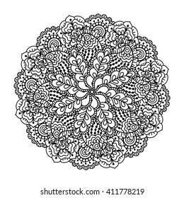 Round element for coloring book. Black and white ethnic henna pattern. Floral mandala.