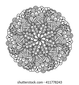 Round element for coloring book. Black and white ethnic henna pattern. Floral mandala.