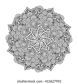 Round element for coloring book. Black and white ethnic henna pattern. Floral mandala.