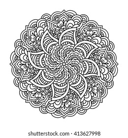 Round element for coloring book. Black and white ethnic henna pattern. Floral mandala.