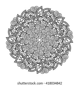 Round element for coloring book. Black and white floral pattern. Vector illustration.
