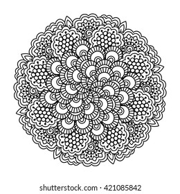 Round element for coloring book. Black and white ethnic henna pattern. Floral mandala.