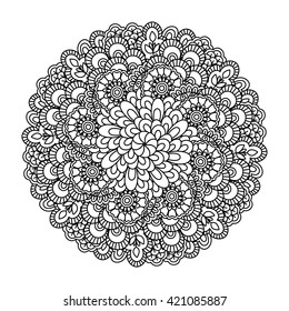 Round element for coloring book. Black and white ethnic henna pattern. Floral mandala.