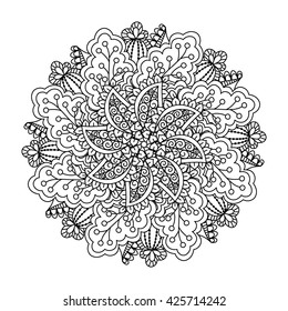 Round element for coloring book. Black and white floral pattern. Vector illustration.