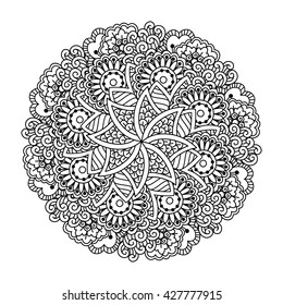 Round element for coloring book. Black and white ethnic henna pattern. Floral mandala. Vector illustration.