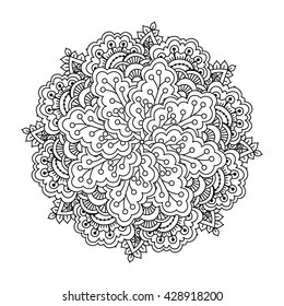 Round element for coloring book. Black and white ethnic henna pattern. Floral mandala.