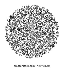 Round element for coloring book. Black and white ethnic henna pattern. Floral mandala.
