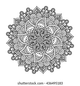 Round element for coloring book. Black and white ethnic henna pattern. Floral mandala.