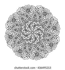 Round element for coloring book. Black and white ethnic henna pattern. Floral mandala.