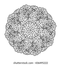 Round element for coloring book. Black and white ethnic henna pattern. Floral mandala.