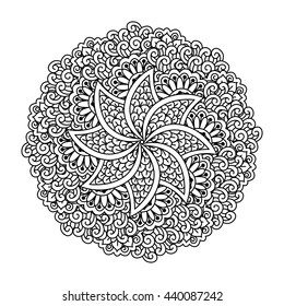 Round element for coloring book. Black and white ethnic henna pattern. Floral mandala.