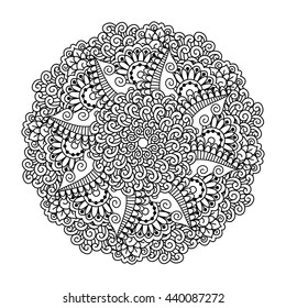 Round element for coloring book. Black and white ethnic henna pattern. Floral mandala.