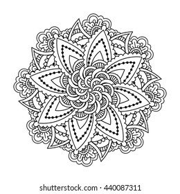 Round element for coloring book. Black and white ethnic henna pattern. Floral mandala.