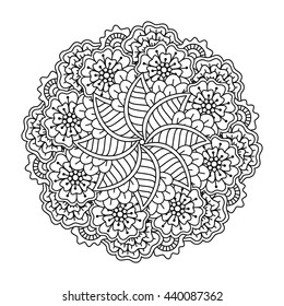 Round element for coloring book. Black and white ethnic henna pattern. Floral mandala.