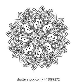 Round element for coloring book. Black and white ethnic henna pattern. Floral mandala.