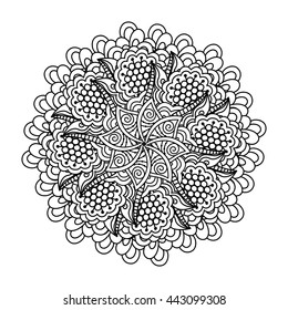 Round element for coloring book. Black and white ethnic henna pattern. Floral mandala.
