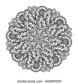 Round element for coloring book. Black and white ethnic henna pattern. Floral mandala.