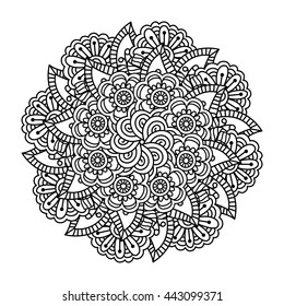 Round element for coloring book. Black and white ethnic henna pattern. Floral mandala.